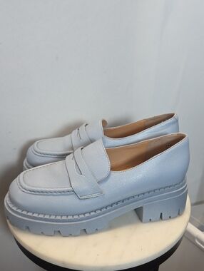 Seychelles Powder Blue Leather Chunky Platform Penny Loafers Size 9